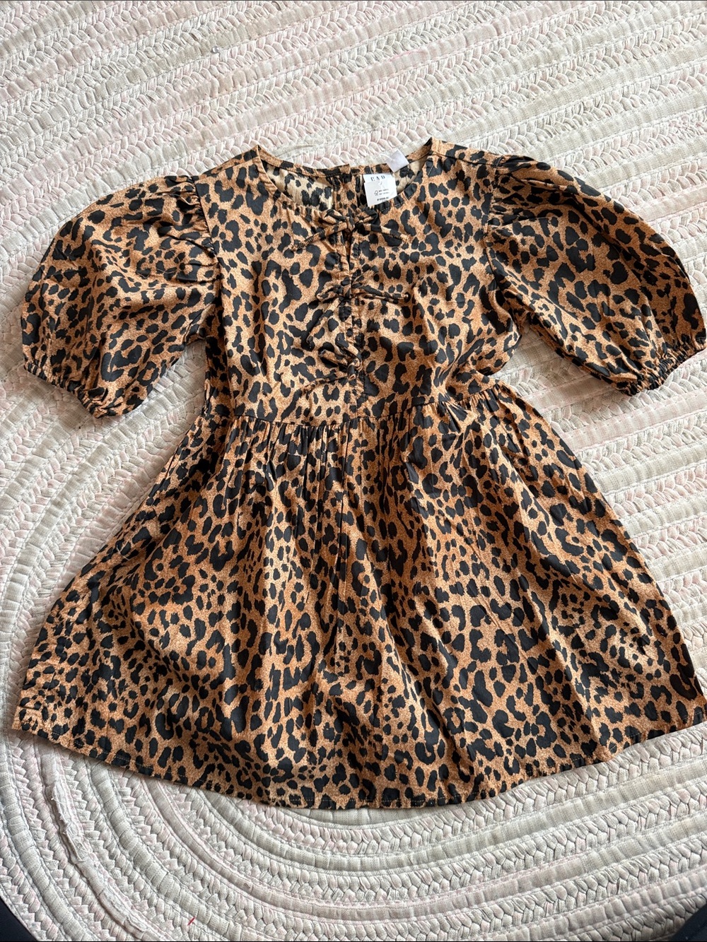 GAP kids xs (4-5) Leopard Print Puff-Sleeve Kids Dress - Tan/Black